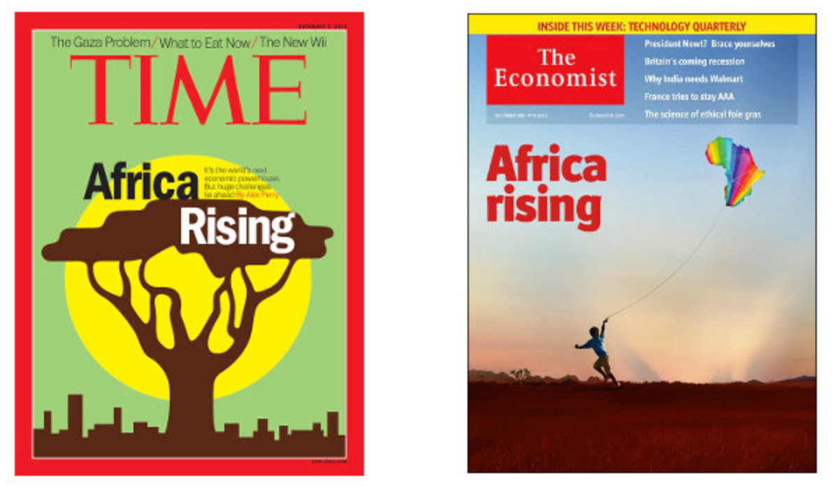 Two magazine covers titled "Africa Rising." Left: Tree silhouette with city skyline. Right: Child flying Africa-shaped kite in sunset.